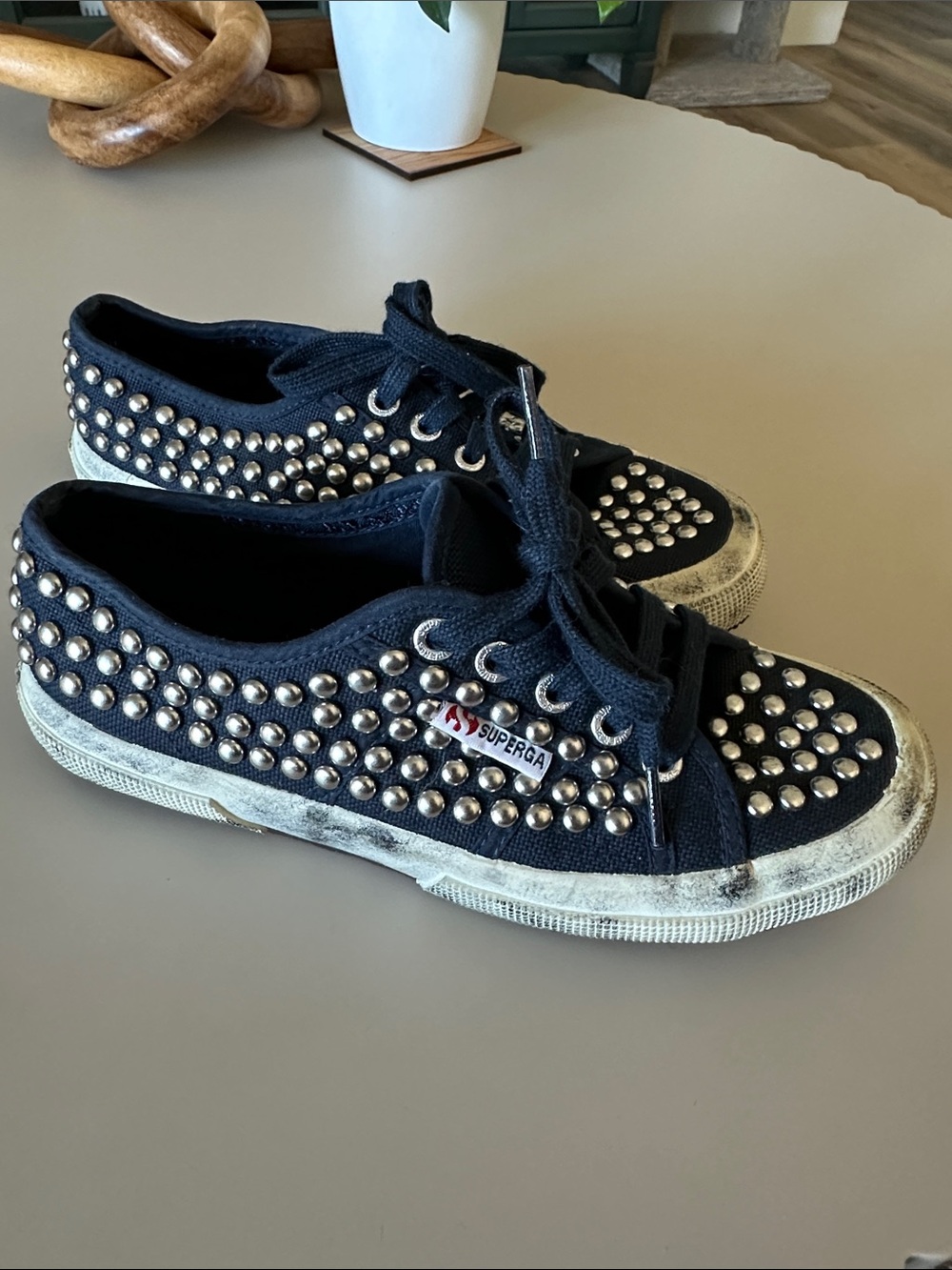 Superga Navy Canvas Sneakers with Silver Studs